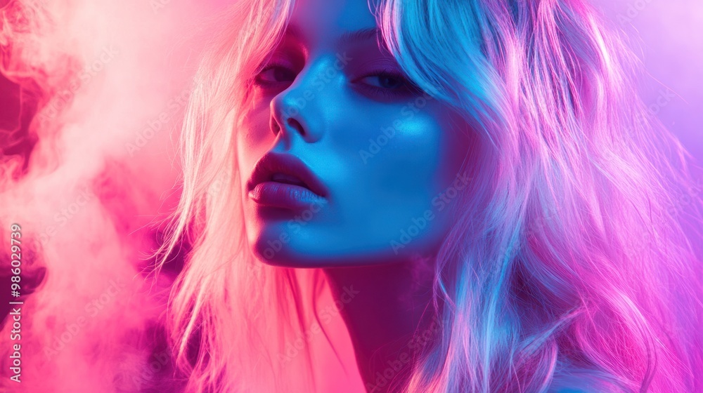 Close-up portrait of a young woman with blonde hair in blue and pink neon light.