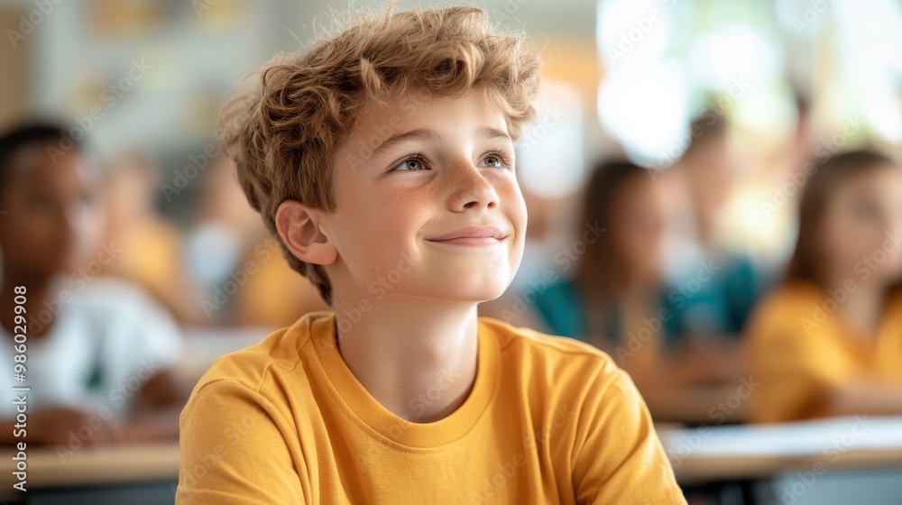 A young boy with a curious expression sits in a brightly lit classroom, surrounded by attentive classmates, illustrating enthusiasm and engagement in education. A young boy with a curious expression sits in a brightly lit classroom, surrounded by attentive classmates, illustrating enthusiasm and engagement in education.
