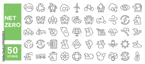 Set of 50 line icons related to net zero, sustainable, carbon, footprint, energy, eco, co2, renewable, nature, earth, green, Editable stroke. Vector illustration
