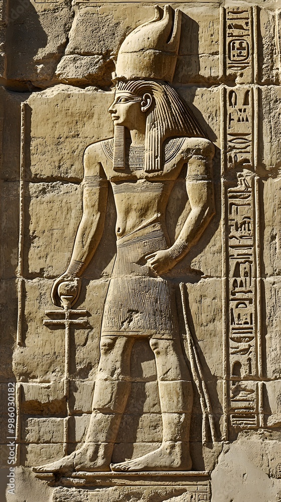 Obraz premium Ancient Egyptian hieroglyphs depicting an ancient man in simple with his hands raised, carved on the wall of one of Egypt's main temples.