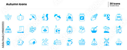 Autumn icon set. autumn, leaf, nature, leaves, season, fall, orange, tree, maple, forest. Vector gradient blue icon illustration