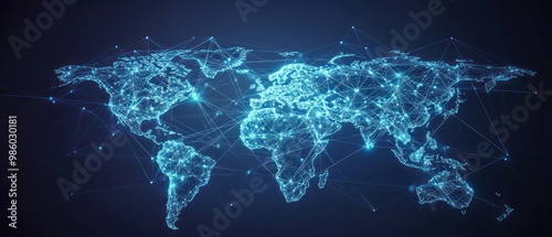 A digital world map with interconnected nodes representing global networking.