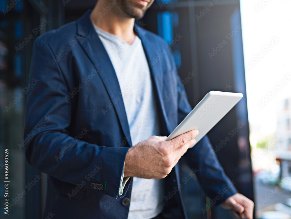 Office building, balcony and hands of businessman with tablet for investment, research and economy news. Stock broker, online and plan with tech for digital currency report, email and budget feedback Office building, balcony and hands of businessman with tablet for investment, research and economy news. Stock broker, online and plan with tech for digital currency report, email and budget feedback