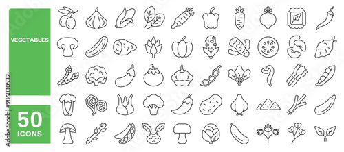 Set of 50 line icons related to vegetables, tomato, olive, garlic, onion, carrot, mushroom, pumpkin, pepper, cabbage, potato, beans, peas, corn, Editable stroke. Vector illustration