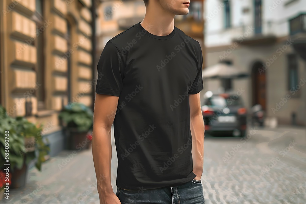 Man black T shirt mockup, man blank T shirt mockup, man is on the street