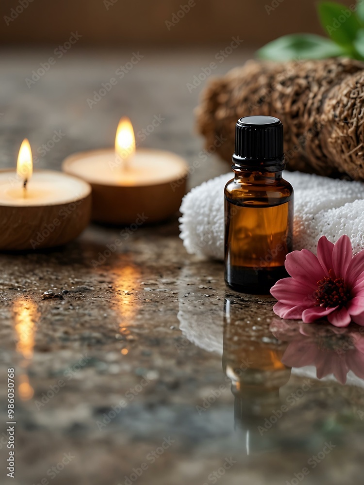 Relaxing spa setting with essential oils and flowers. Relaxing spa setting with essential oils and flowers.