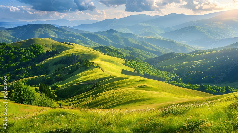 Beautiful summer landscape. grassy meadow on the hillside under blue sky with clouds
