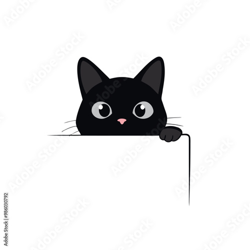 a cartoon illustration of a black cat peeking out from behind a white panel. The cat has round, round eyes and pink ears vector silhouette