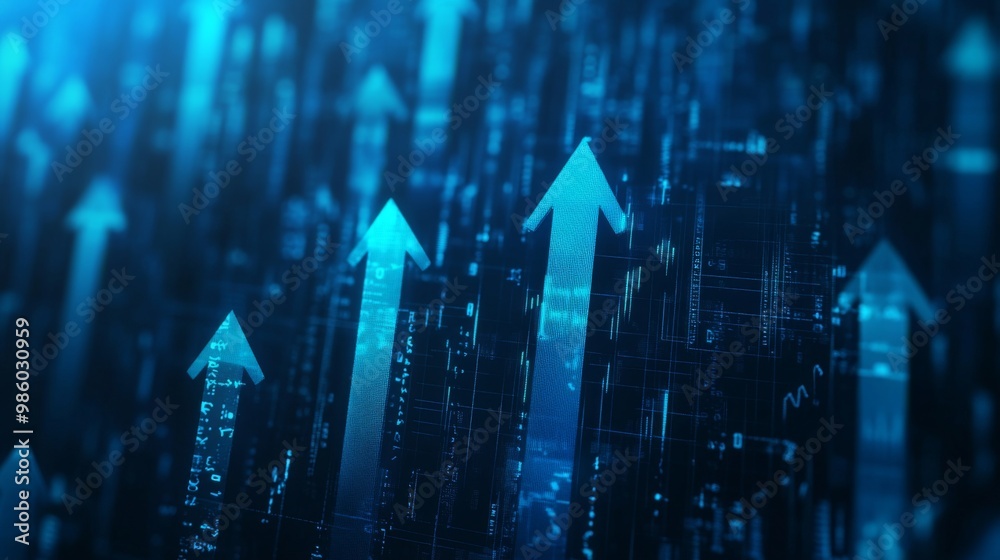 Close-up of a 3D bar chart in blue tones with arrows pointing upward, representing a positive financial forecast and business expansion. Close-up of a 3D bar chart in blue tones with arrows pointing upward, representing a positive financial forecast and business expansion.