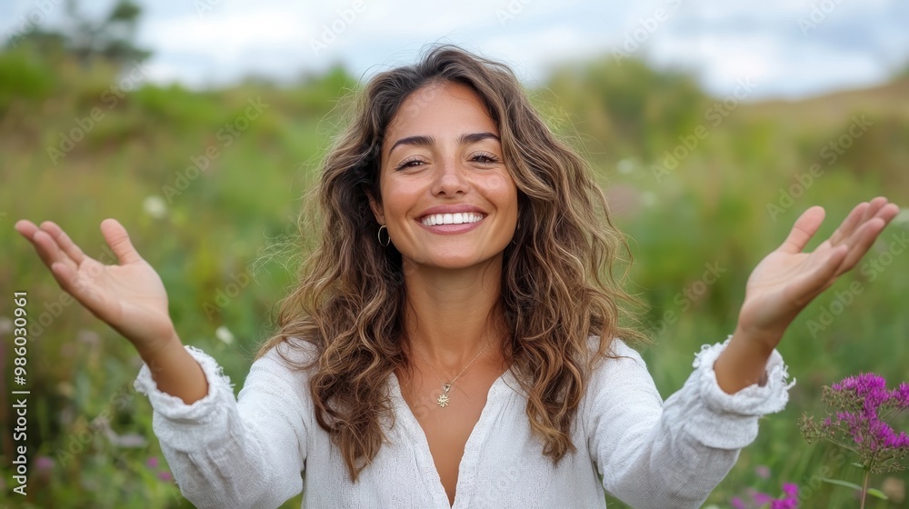A smiling woman with open arms stands among lush greenery, embodying joyful connection with nature, radiating positivity and peace in a tranquil rural setting. A smiling woman with open arms stands among lush greenery, embodying joyful connection with nature, radiating positivity and peace in a tranquil rural setting.