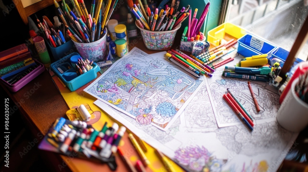 Fototapeta premium A desk covered in colored pencils, crayons, and markers, with a coloring book open on the desk.