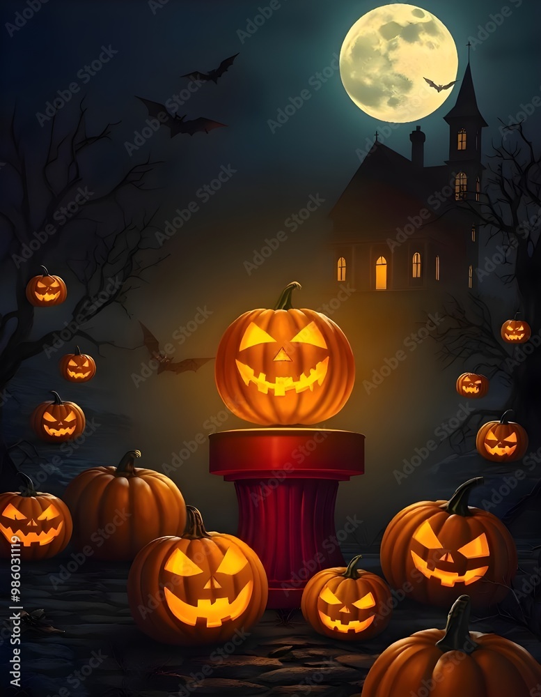 A Spooky Halloween Scene with a Carved jackolantern on a Pedestal A Spooky Halloween Scene with a Carved jackolantern on a Pedestal