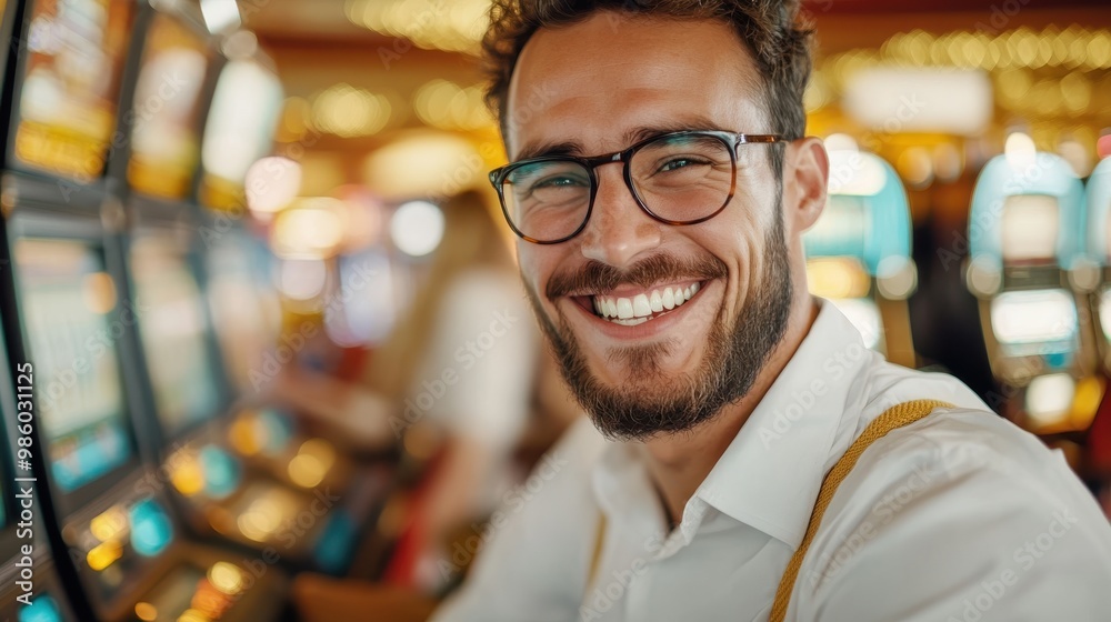 A beaming man wearing eyeglasses and a white shirt, with suspenders, is positioned next to dynamic slot machines in a bustling casino, expressing joy and enthusiasm. A beaming man wearing eyeglasses and a white shirt, with suspenders, is positioned next to dynamic slot machines in a bustling casino, expressing joy and enthusiasm.