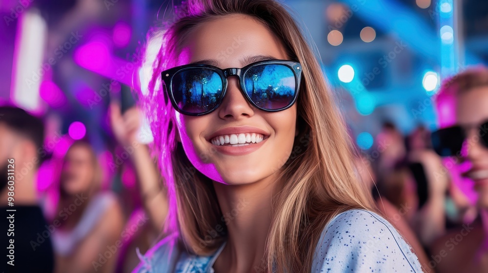 A woman with sunglasses is seen enjoying nightlife, illuminated by vivid neon purple lights and surrounded by a dynamic atmosphere full of energy and excitement. A woman with sunglasses is seen enjoying nightlife, illuminated by vivid neon purple lights and surrounded by a dynamic atmosphere full of energy and excitement.