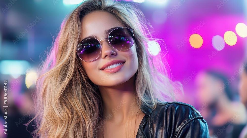 A stylish woman with blonde hair and dark sunglasses, dressed in a black leather jacket, stands out against a vibrant, colorful background of lights, exuding confidence. A stylish woman with blonde hair and dark sunglasses, dressed in a black leather jacket, stands out against a vibrant, colorful background of lights, exuding confidence.