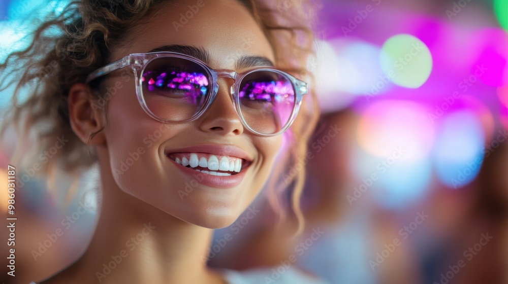 A happy woman with shades and curly hair smiles brightly in a colorful, illuminated setting, conveying joy, vibrancy, and capturing the essence of lively nightlife. A happy woman with shades and curly hair smiles brightly in a colorful, illuminated setting, conveying joy, vibrancy, and capturing the essence of lively nightlife.