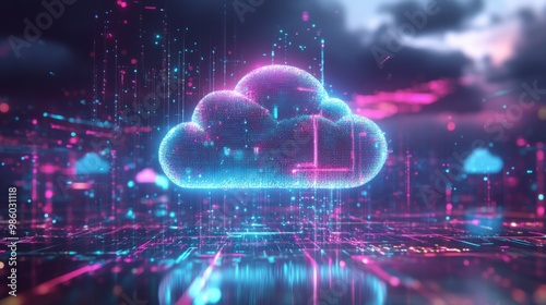 The futuristic cloud technology concept is brought to life in a vibrant digital illustration with neon lighting and a high-tech data center ambiance.