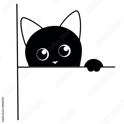 a cartoon illustration of a black cat peeking out from behind a white panel. The cat has round, round eyes and pink ears vector silhouette