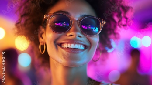 A woman with sunglasses, her curly hair framing her face, smiles with joy and exudes confidence amid a vibrant, colorful setting with bright background lights. photo