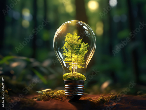 Generous Concept for renewable energy, green light bulb in the forest