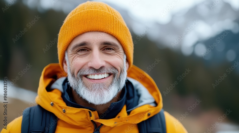 A man with a warm smile stands in a snow-covered landscape, wearing an orange jacket and beanie, conveying warmth and happiness in the cold environment. A man with a warm smile stands in a snow-covered landscape, wearing an orange jacket and beanie, conveying warmth and happiness in the cold environment.