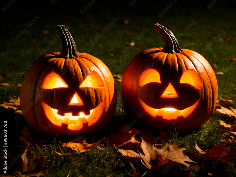 Fototapeta premium Two pumpkins with glowing eyes and a smiling face. Scene is spooky and festive