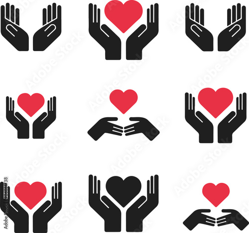 Heart in hand icons set,Megaphone vector icon SetAbstract set with red and black handshakes heart vector icons. Sign friendship or partnership icons. Peace and love symbol. Sign agreement.Heart in han photo