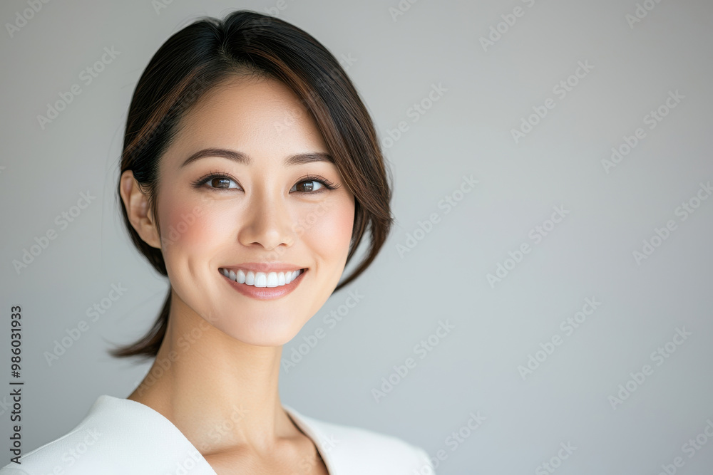 A professional asian woman smiles confidently against a neutral backdrop, showcasing her bright demeanor and elegant appearance. A professional asian woman smiles confidently against a neutral backdrop, showcasing her bright demeanor and elegant appearance.
