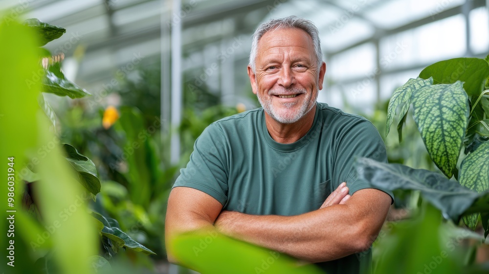 A mature man in a green shirt stands with crossed arms and a smile, surrounded by lush greenery in a greenhouse, embodying relaxation and contentment indoors. A mature man in a green shirt stands with crossed arms and a smile, surrounded by lush greenery in a greenhouse, embodying relaxation and contentment indoors.