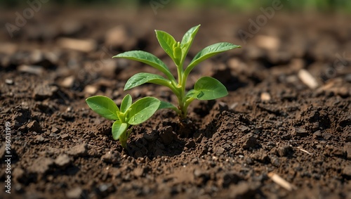 Resilient plant emerging from cracked soil, symbolizing hope.