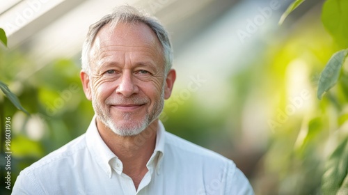 An elderly man in a white shirt smiles warmly in a greenhouse filled with plants, exuding a sense of peace, wisdom, and natural harmony within a vibrant setting.