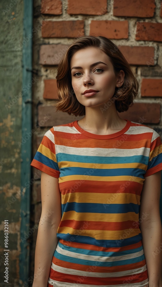 Retro portrait of a woman in a vibrant striped T-shirt against a brick wall. Retro portrait of a woman in a vibrant striped T-shirt against a brick wall.