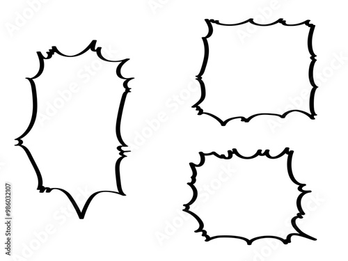 黒色マジックペンで書いたような手描きの爆発吹き出しセット(黒線白塗り)
