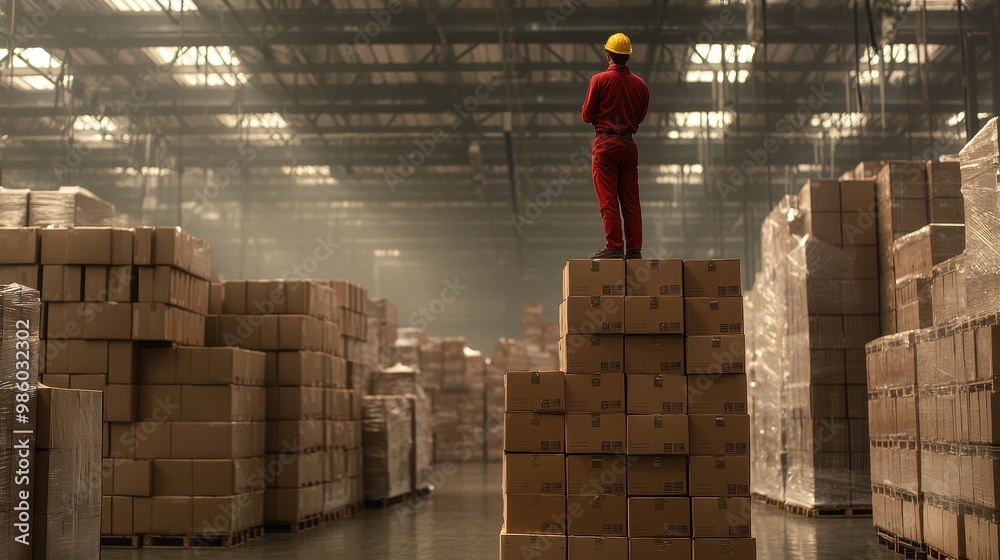 Stack Box Employee Worker standing on stacked boxes in a warehouse representing unsafe ...