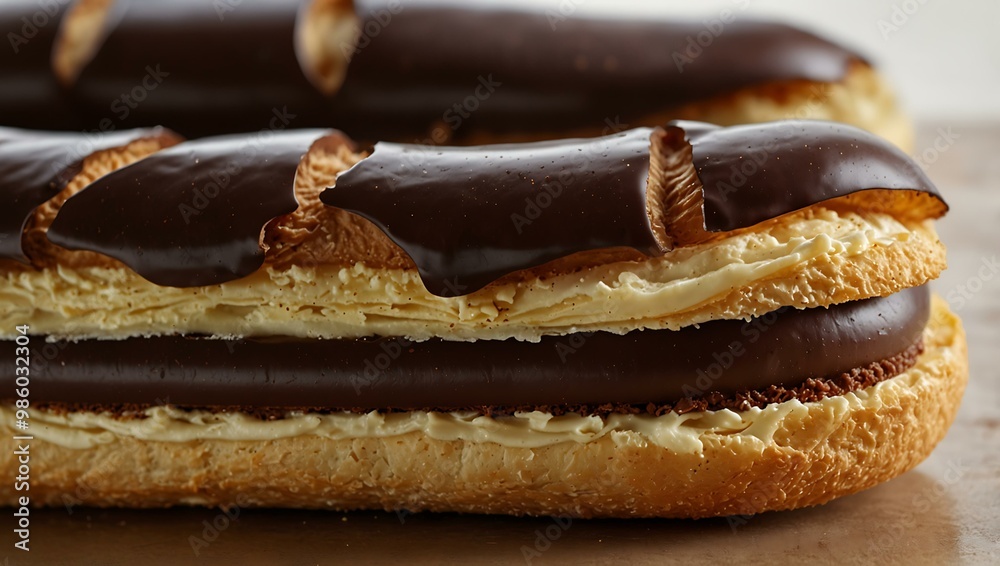 Rich chocolate éclair with a crisp pastry shell and creamy filling. Rich chocolate éclair with a crisp pastry shell and creamy filling.