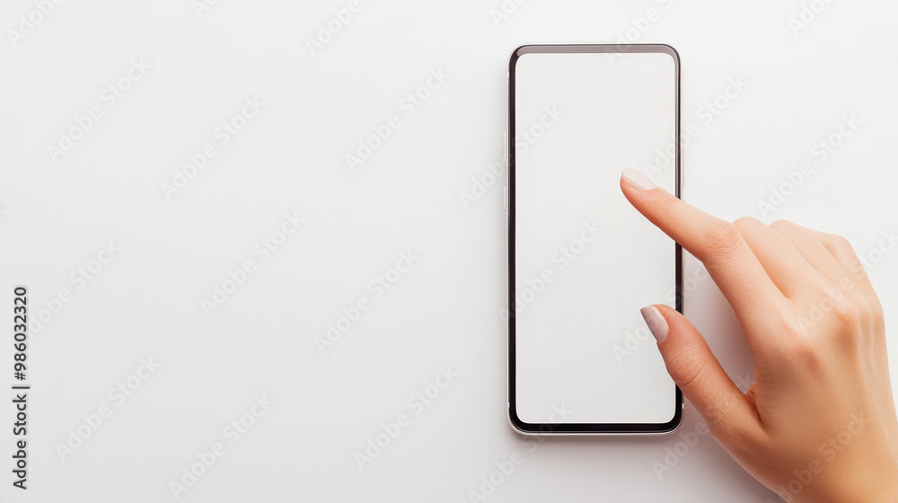 A close-up shot of a hand touching a blank smartphone screen on a minimalist background, ideal for tech-related projects. A close-up shot of a hand touching a blank smartphone screen on a minimalist background, ideal for tech-related projects.