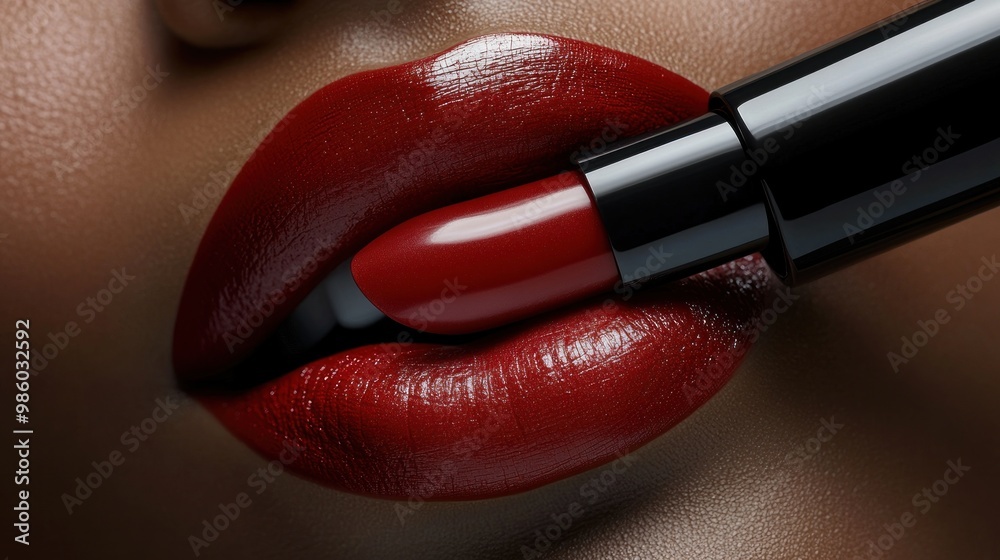 Obraz premium Close-up of a woman's lips with red lipstick being applied.