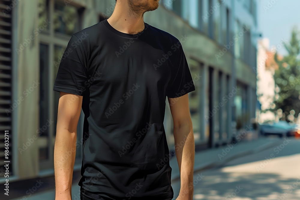 Man black T shirt mockup, man blank T shirt mockup, man is on the street