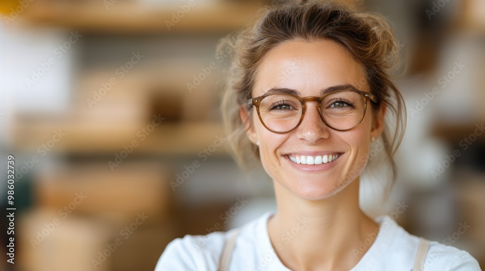 A smiling woman with glasses stands in her cozy workspace, exuding warmth and approachability, surrounded by a warm, productive atmosphere in neat surroundings. A smiling woman with glasses stands in her cozy workspace, exuding warmth and approachability, surrounded by a warm, productive atmosphere in neat surroundings.