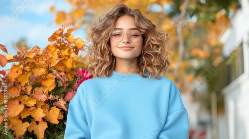 A fashionable woman in a blue sweater stands confidently with autumn leaves in the background, embodying seasonal fashion, confidence, and vibrant energy. photo