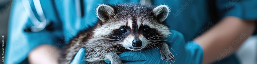 the veterinarian holds a raccoon in his hands. Selective focus
