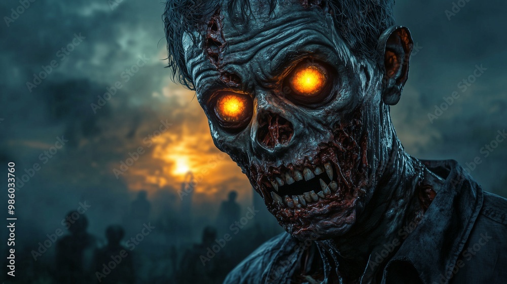 Eerie zombie with glowing eyes against a dark sunset backdrop, creating an atmospheric horror scene. Eerie zombie with glowing eyes against a dark sunset backdrop, creating an atmospheric horror scene.