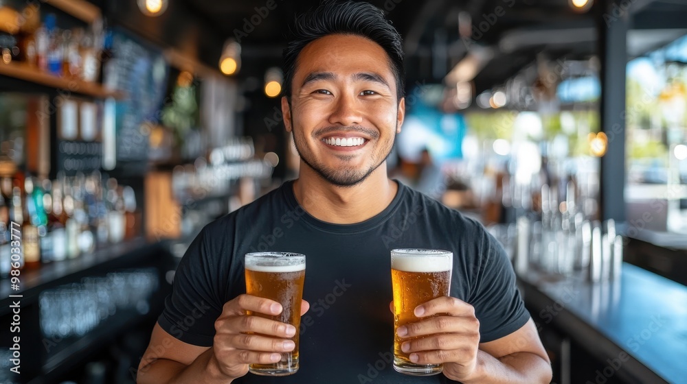 In a vibrant bar setting, a bartender, dressed in black, smiles warmly while holding two refreshing beer glasses, showcasing hospitality and engaging service. In a vibrant bar setting, a bartender, dressed in black, smiles warmly while holding two refreshing beer glasses, showcasing hospitality and engaging service.