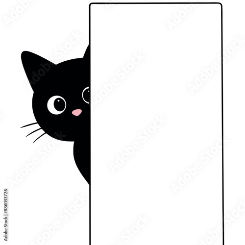 a cartoon illustration of a black cat peeking out from behind a white panel. The cat has round, round eyes and pink ears vector silhouette