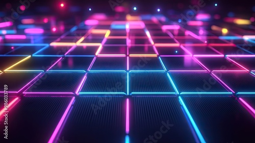 Neon light grid on a dark background with colorful glowing squares. Technology background