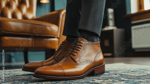 Close-up of a man's brown leather brogue shoes on a rug in a living room. photo