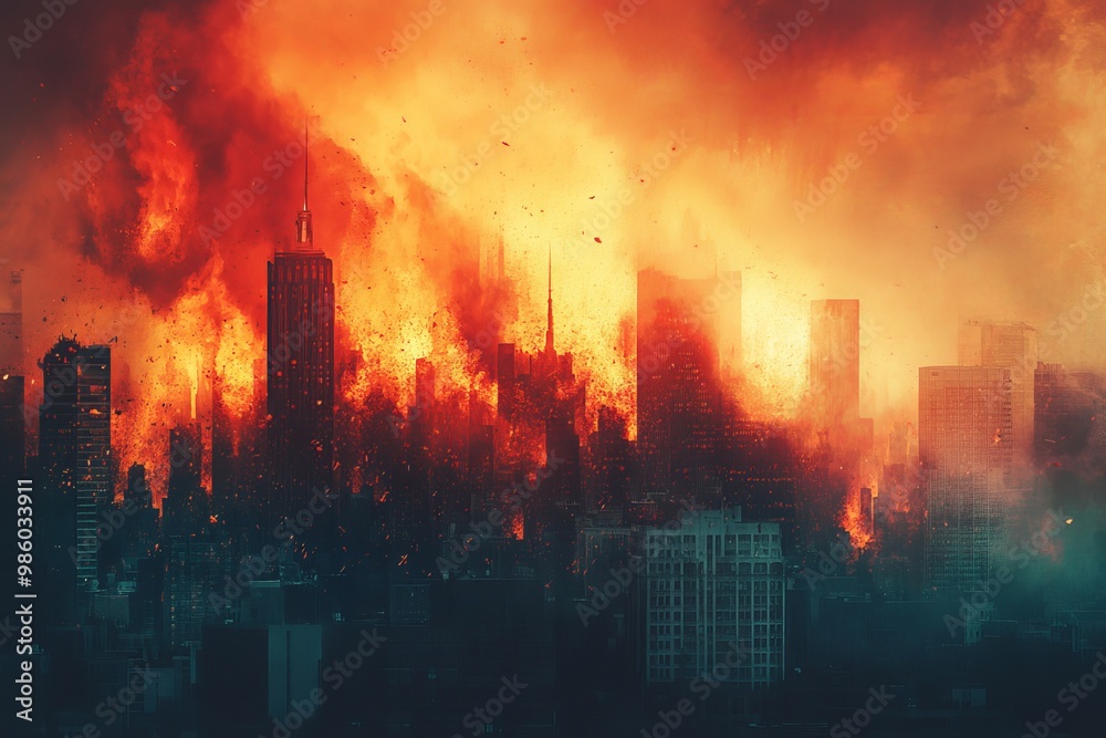 Obraz premium Apocalyptic Inferno: Illustration of a City Engulfed in Flames Symbolizing Chaos and Destruction in Vibrant Colors