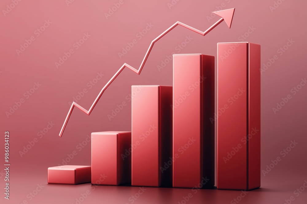 This image presents a 3D graph with red bars and an upward arrow indicating financial growth, economic progress or business success in a stylized manner. This image presents a 3D graph with red bars and an upward arrow indicating financial growth, economic progress or business success in a stylized manner.