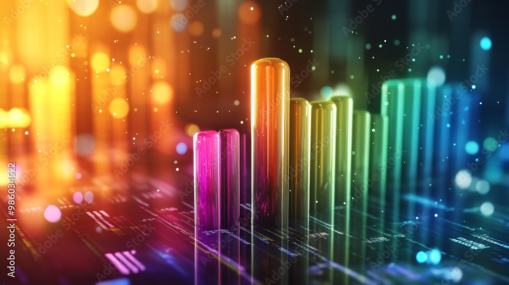 A 3D financial bar chart with vibrant colors rising against a futuristic digital background, symbolizing business growth and success. A 3D financial bar chart with vibrant colors rising against a futuristic digital background, symbolizing business growth and success.