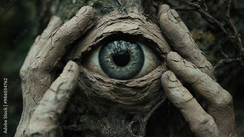 Enigmatic Oversized Eye: A Captivating Poster for Your Sporty Interior, Revealed by Clay-like Hands in a Dark Woodland, Surrounded by Rocks and Vines – Perfect for Adding Intrigue! Enigmatic Oversized Eye: A Captivating Poster for Your Sporty Interior, Revealed by Clay-like Hands in a Dark Woodland, Surrounded by Rocks and Vines – Perfect for Adding Intrigue!